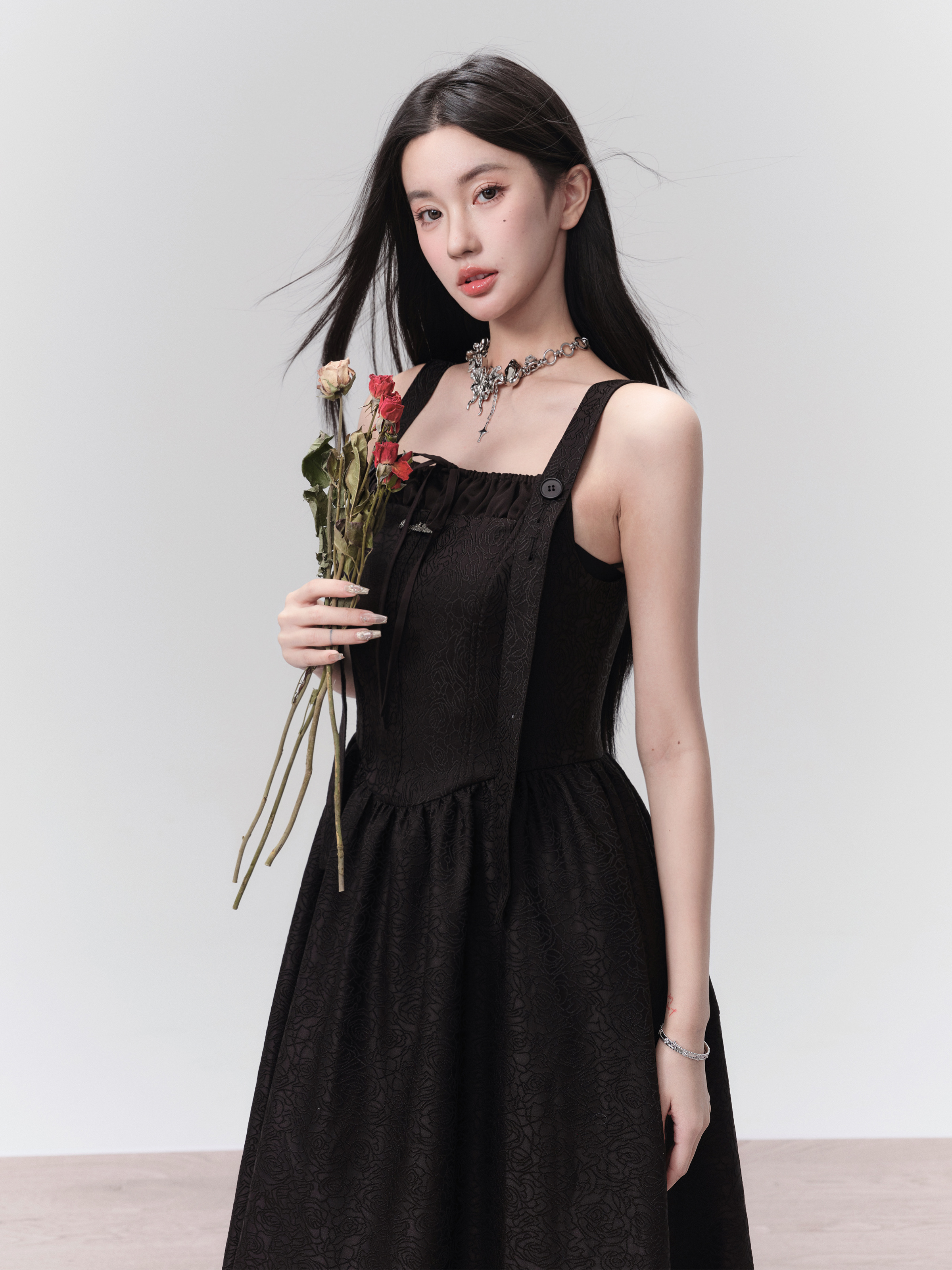 First Edition French Jacquard Pleated Strap Dress with Bow and Sheer Overlay - Elegant Party Dress, Vintage-Inspired Fashion