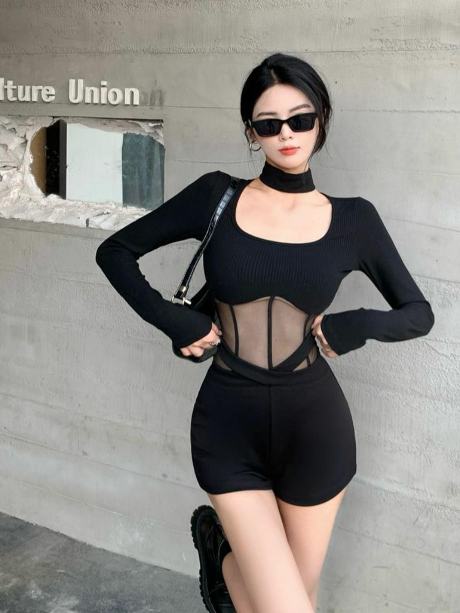 Fitted Square Neck Long Sleeve Mesh Bodysuit for Women - Solid Color, Southeast Asian & European-American Style, Trendy Fashion Essential