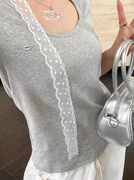 Fitted V-Neck Lace Short Sleeve T-Shirt with Flowing Ribbon and Structured Shoulders for Women - Sexy Unique Style