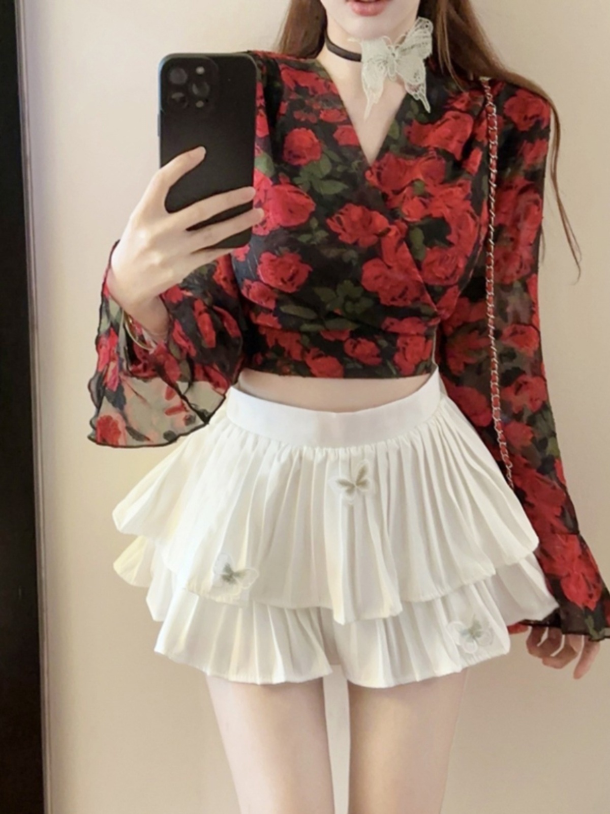 Flared Sleeve Floral Chiffon Shirt with Bow Tie - Stylish Long Sleeve Summer Outerwear for Sun Protection