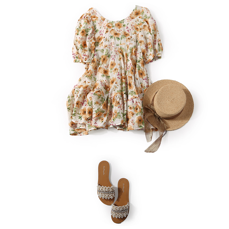 Floral Backless Dress with Bow Decoration - Summer Round Neck Age-Reducing Style, European Fashion, Perfect for 90s & Y2K Inspired Looks