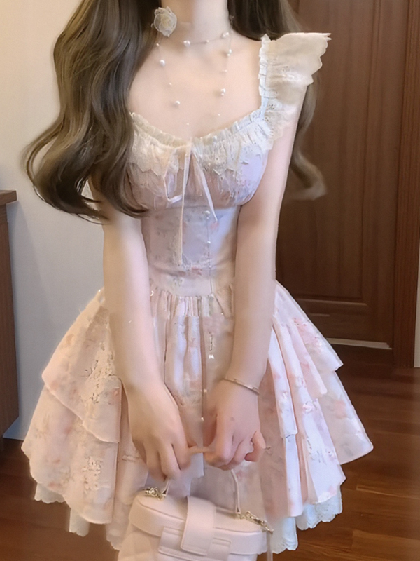 Floral Dress for Women with Small Flying Sleeves, Waist-Cinching Design, Sweet Temperament, 2025 Summer Princess Style