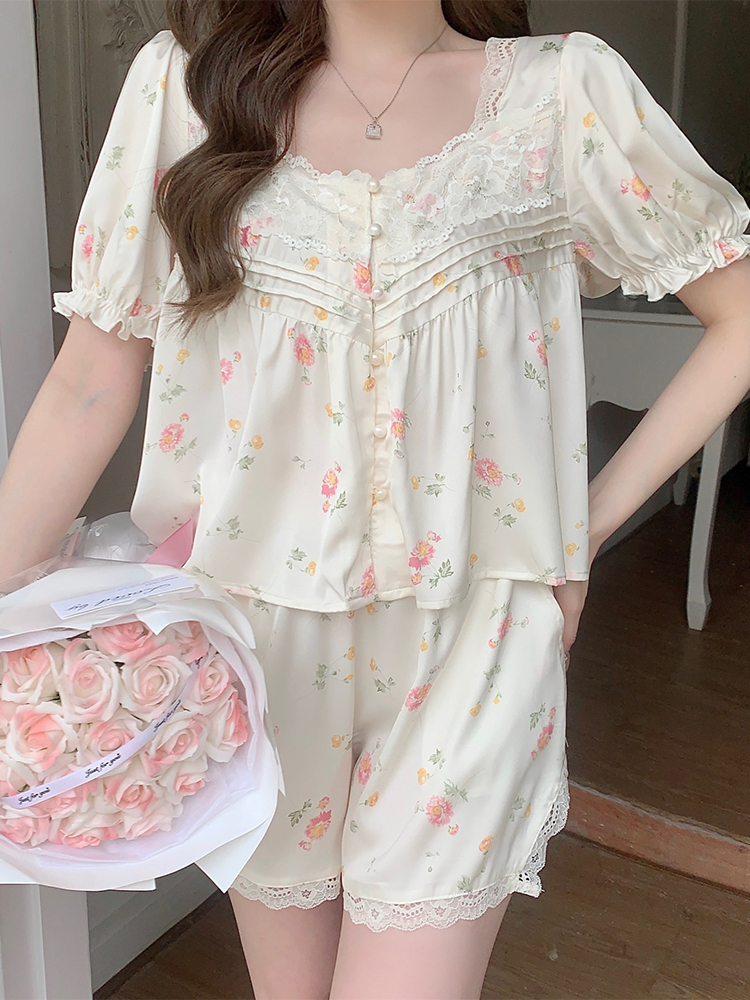 Floral Ice Silk Pajamas Set for Women - 2025 Summer Short Sleeve & Shorts Two-Piece Homewear - Lightweight Sleepwear