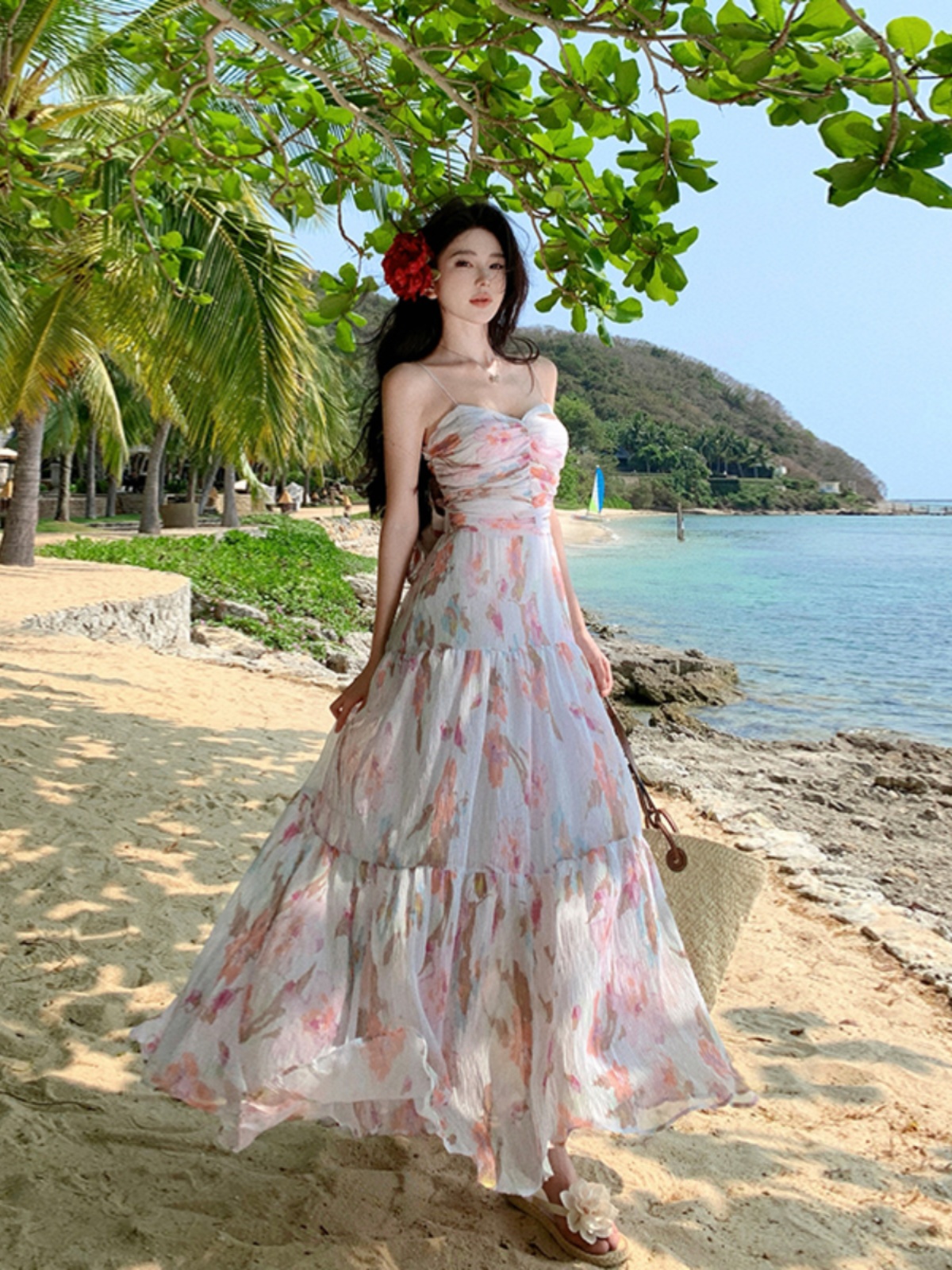 Floral Spaghetti Strap Dress - Elegant Seaside Vacation Outfit, Beach Dress for Summer, Fairy Style Island Dress