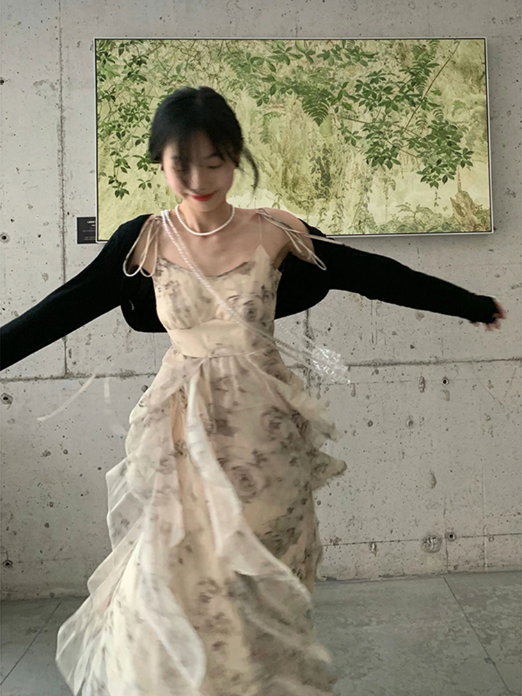 Floral Spaghetti Strap Dress for Women, Irregular Design, Waist-Cinching, French Style, Long Summer Dress, Elegant and Chic