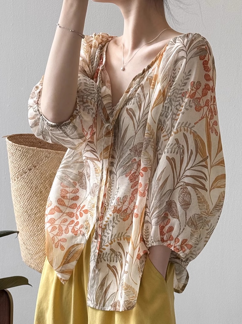 Floral Tie-Up Long Sleeve Shirt for Women, Elegant Three-Quarter Sleeve Blouse, 2025 Summer Style, Loose Fit Fashion Top