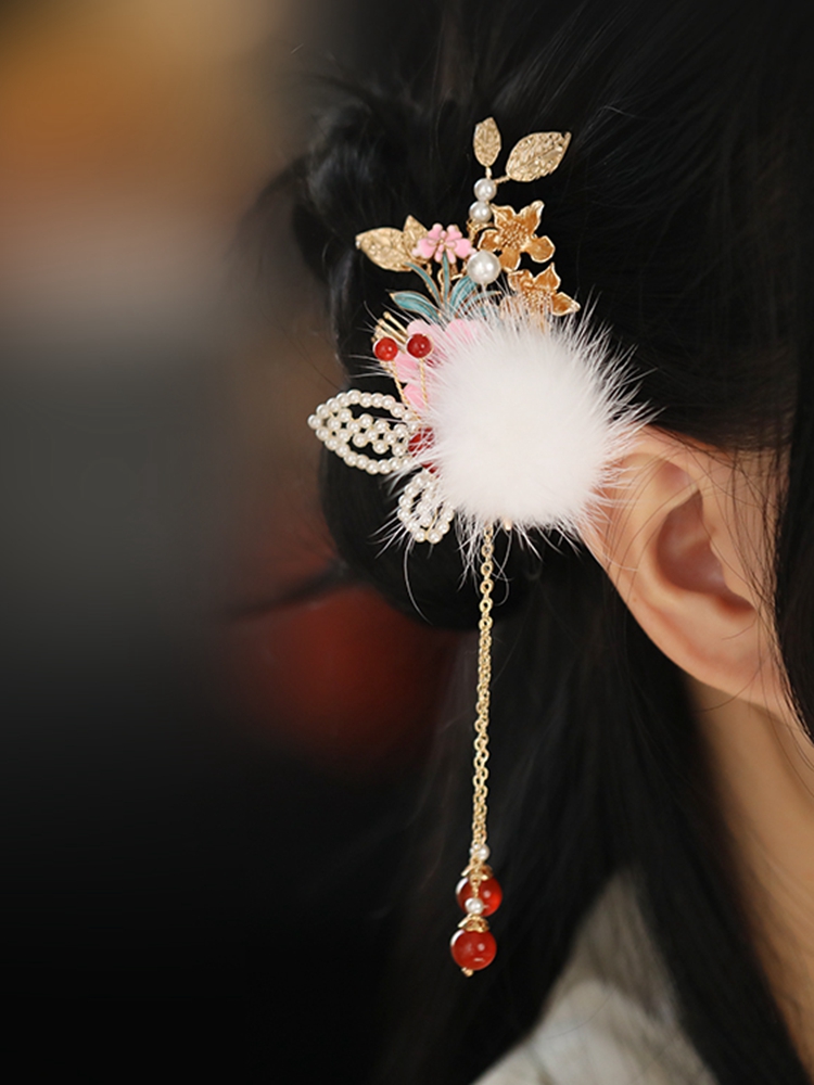 Fluffy Hair Clips for Kids, Ancient Style Hanfu & Qipao Accessories, Fairy Side Clips for Autumn and Winter