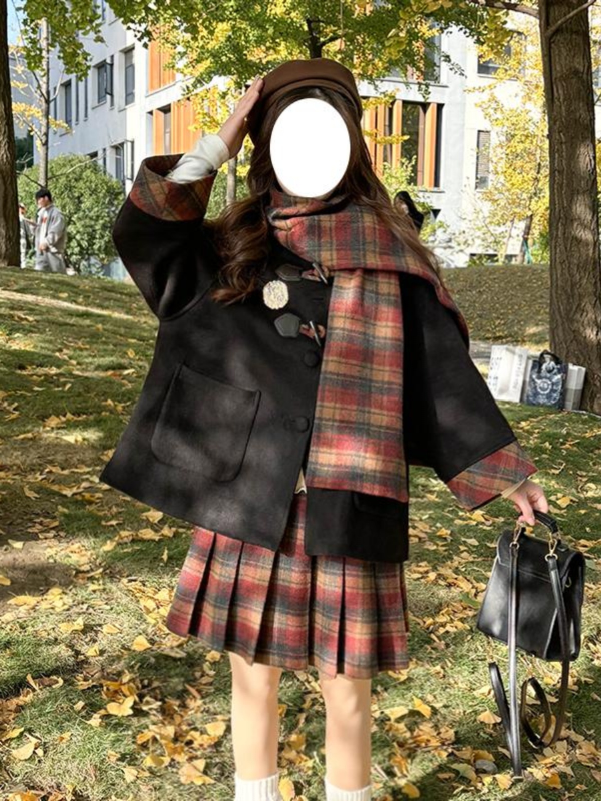 Four-Piece JK Uniform Set: Pudding Bear Coat, Autumn Winter College Style, Versatile Retro British Fashion.