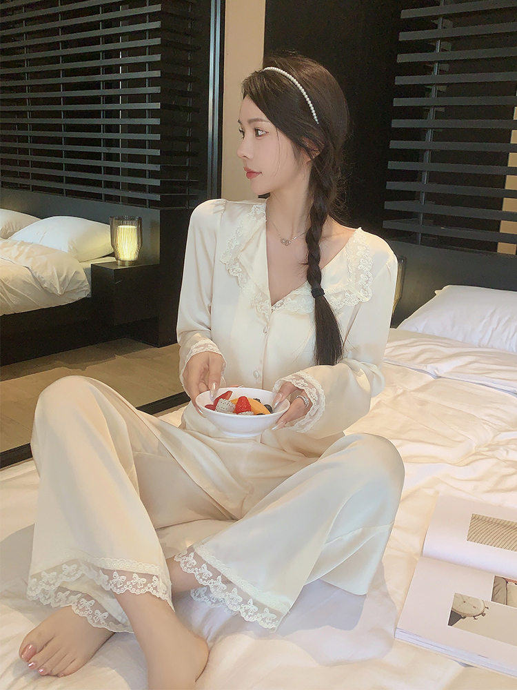 French Lace Pajamas for Women - Sexy Ice Silk Long Sleeve Loungewear Two-Piece Set, Spring & Autumn Court Style, 2025 Collection