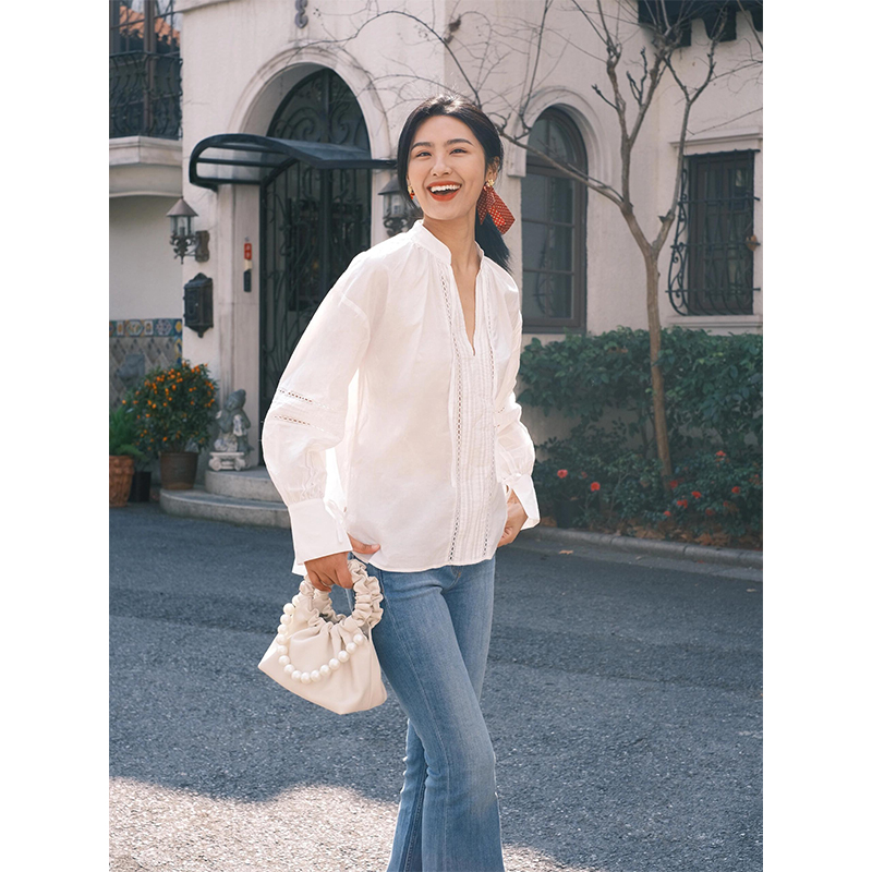 French Spliced Lace Small Stand Collar Long Sleeve Shirt for Women - Spring 2025 Fashion, Elegant Layering Piece