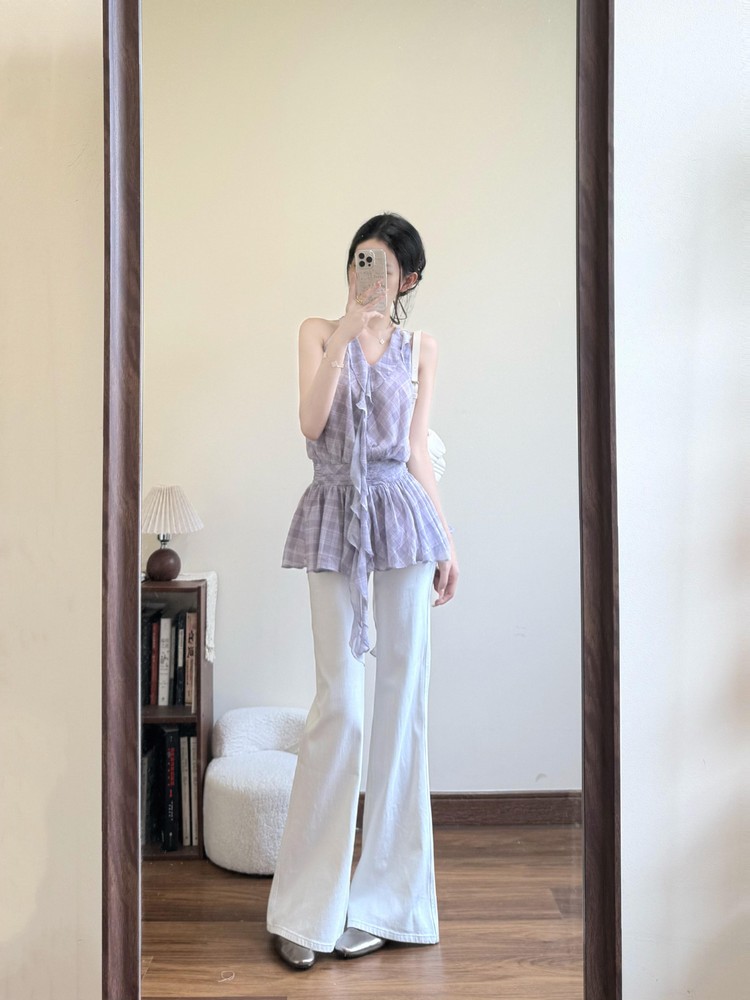 French-Style Checkered Sleeveless Dress with Floating Ribbon Lace Edge - Women's Loose Chiffon Summer Fashion