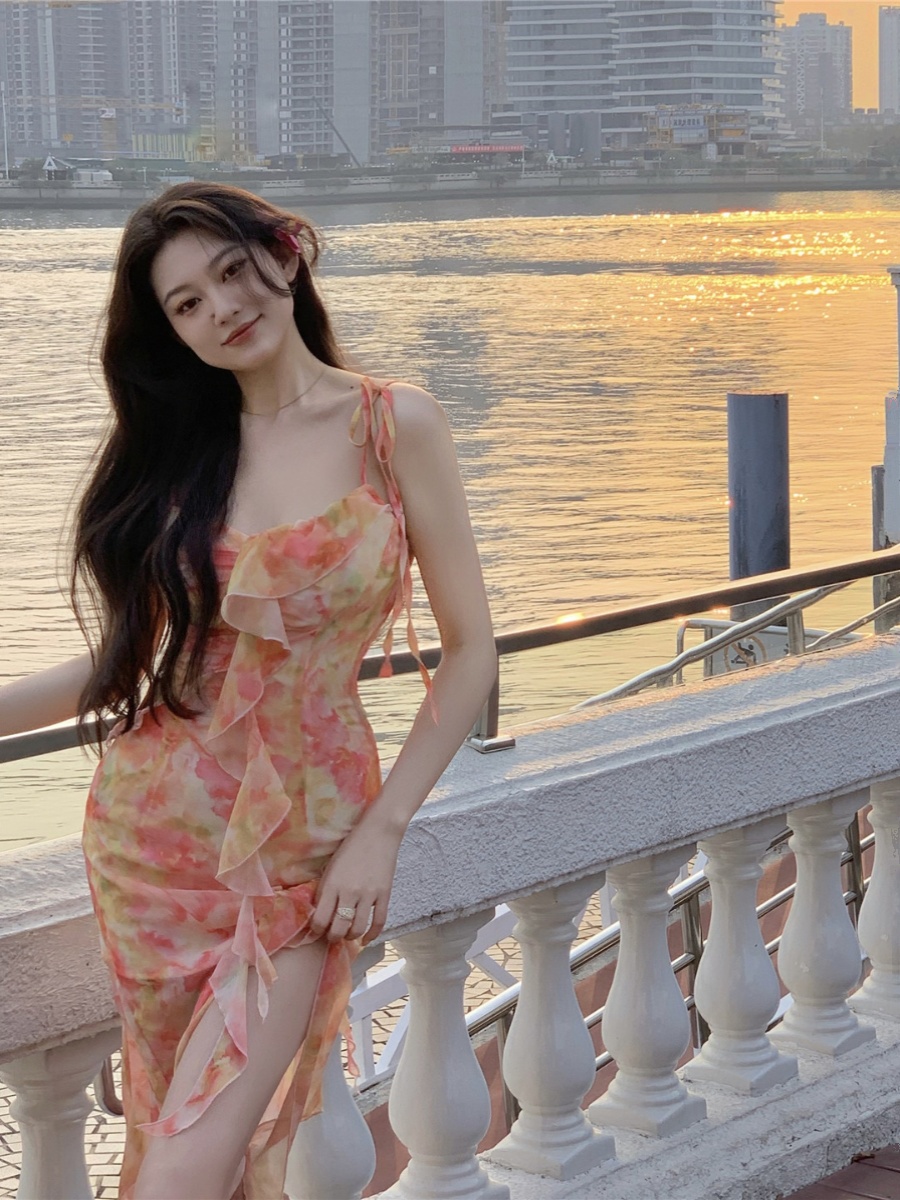 French-Style Floral Spaghetti Strap Bodycon Dress - Sweet Girl Temperament Summer Split Design for Women