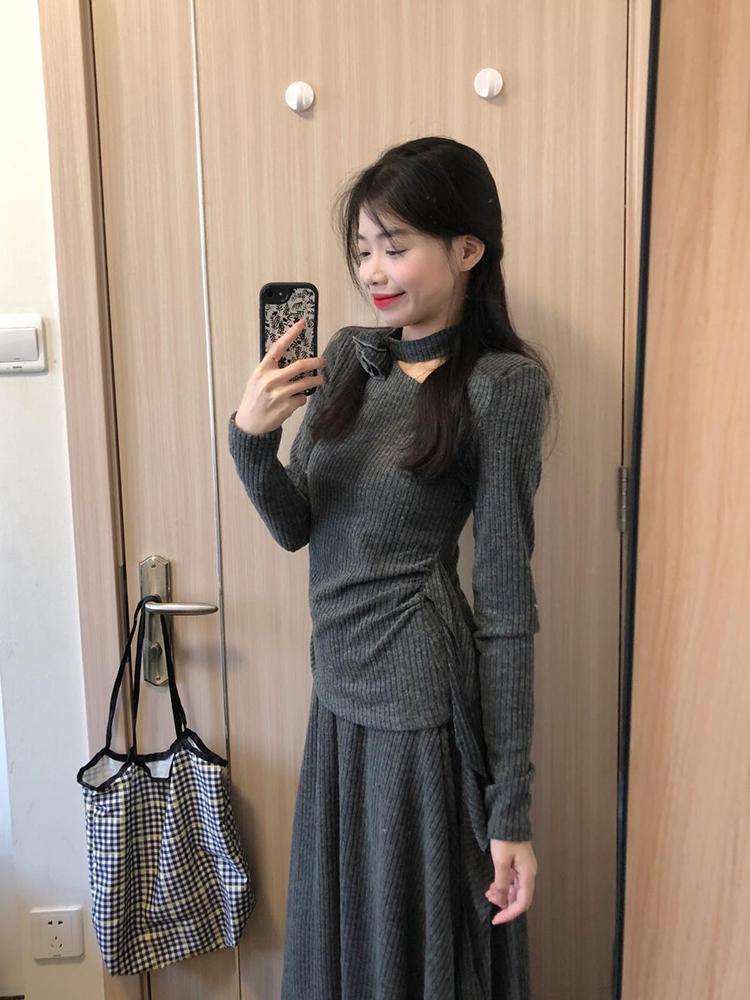 French-Style Gray Two-Piece Dress Set for Women - High-End Knitted Top and Long Skirt - Spring 2025 Fashion