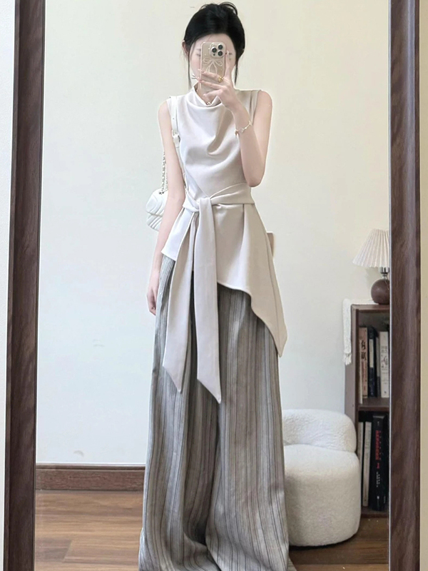 French-Style High-End Sleeveless Top with Irregular Waist and Wide-Leg Pants Two-Piece Set for Women's Summer Casual Wear