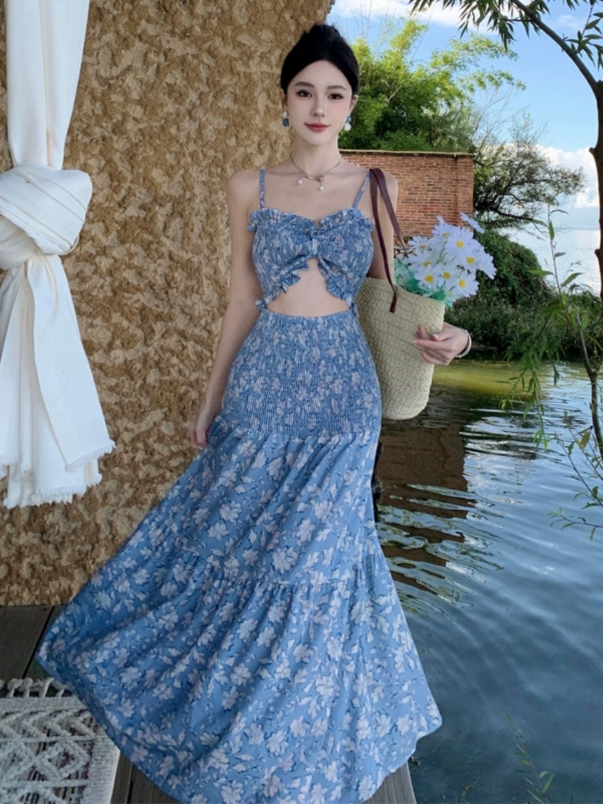 French-Style Hollowed-Out Floral Beach Dress for Women â€“ Seaside Vacation Photo Dress with Waist Detail