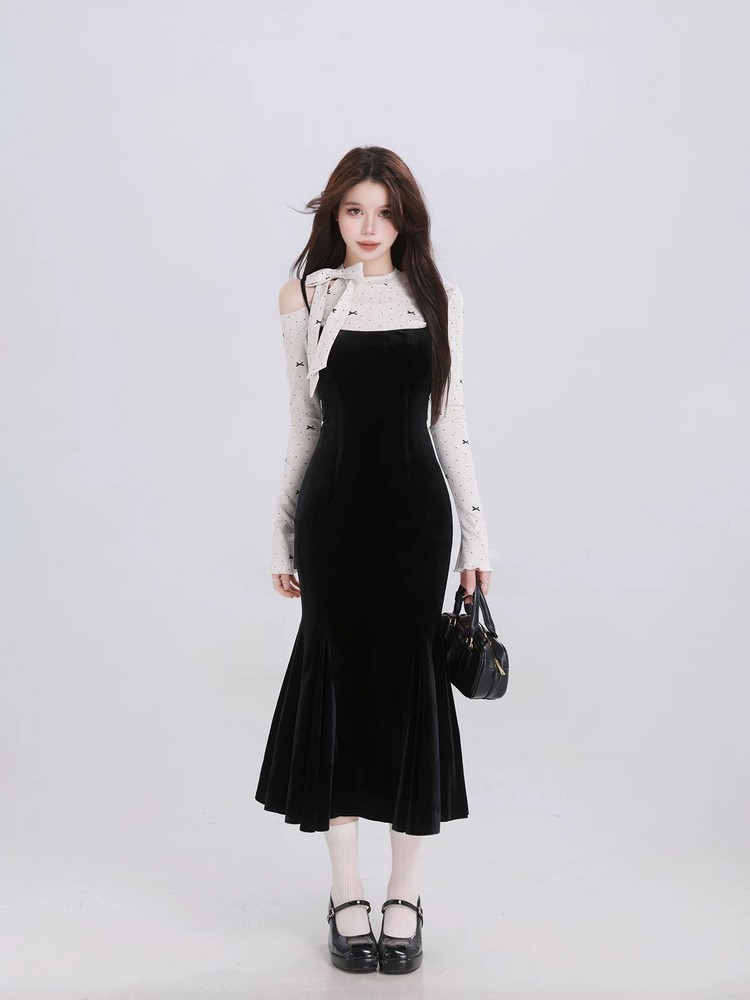 French-Style Spaghetti Strap Off-Shoulder Fishtail Dress with Waist Design for Spring - Sexy Girl Elegant Fashion