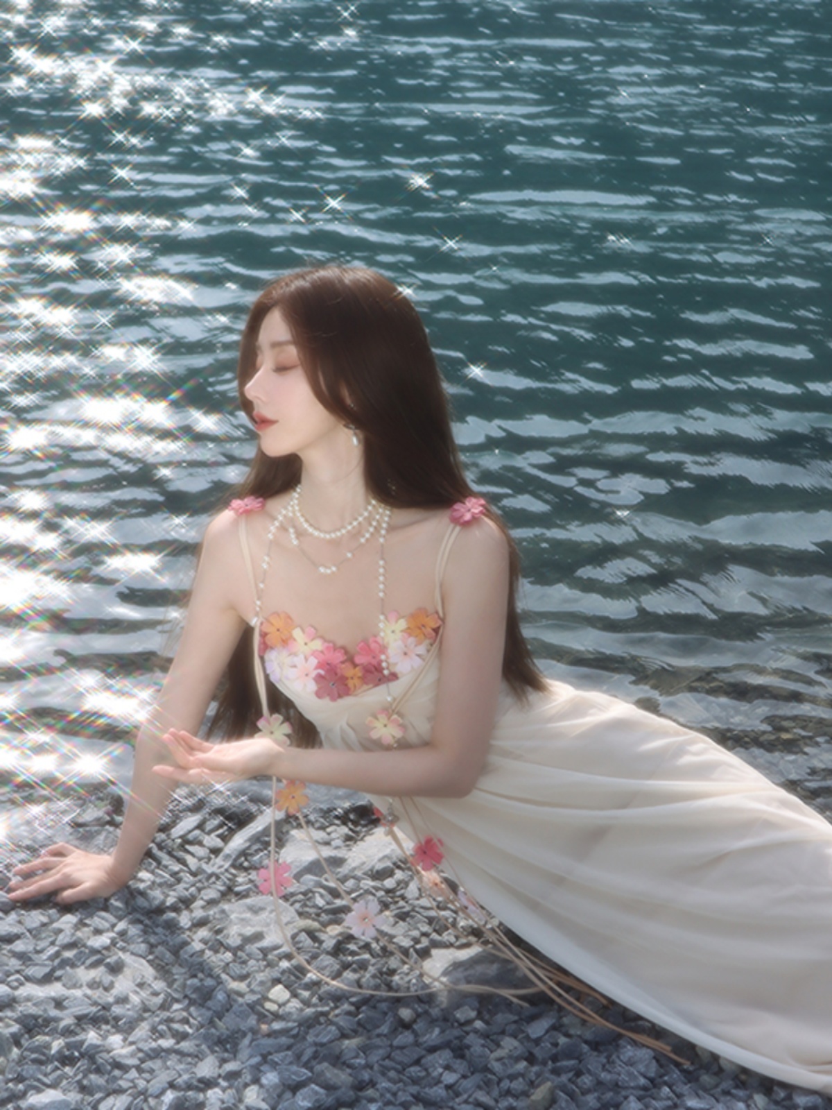 French-Style Tulle Camisole Dress - Exquisite Long Fairy Dress for Seaside Vacations, Perfect for First Love Moments