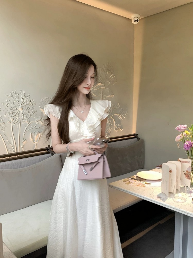 French-Style V-Neck Ruffled White Dress for Women, Fitted Waist and Elegant Long Skirt, Summer Fashion Essential