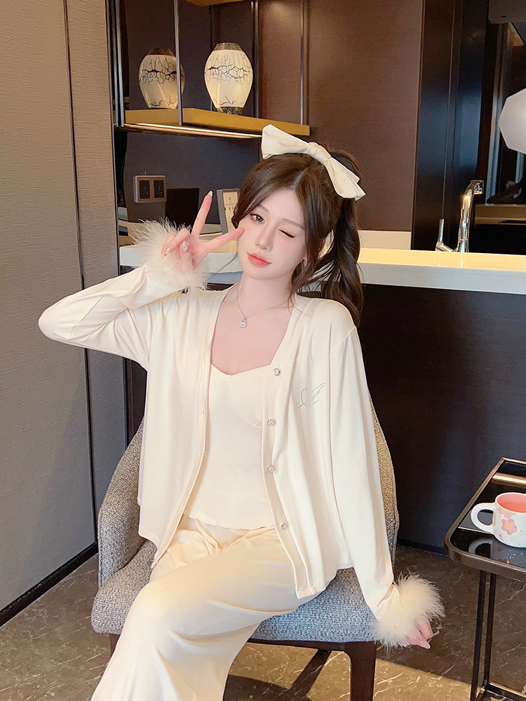 French-Style Women's Three-Piece Pajama Set, Long Sleeve Modal, Sweet & Sexy Padded Camisole, Spring & Autumn Loungewear