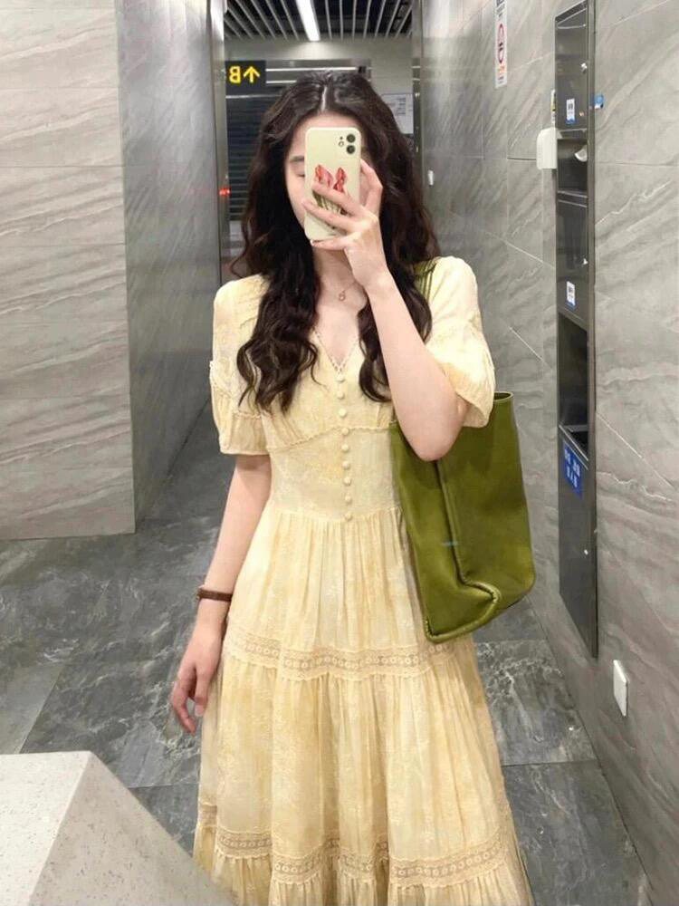 French Style Yellow V-Neck Dress for Women - Summer Waist-Cinching, Slimming, Minimalist Design, Unique & Exquisite Fashion