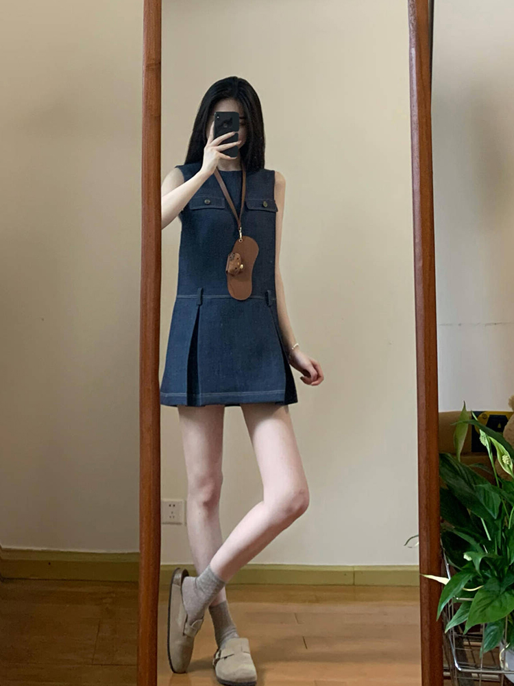 French Vintage Blue Sleeveless Denim Dress for Women, Waist-Cinching Elegant Summer Mini Dress, High-End Niche Style