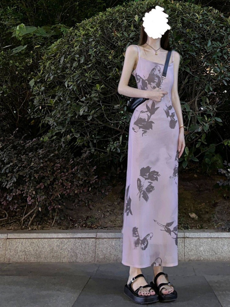 French Vintage Bow Tie Ink Print Spaghetti Strap Dress for Women - Waist-Cinching Slim Fit Elegant Summer Vacation Dress
