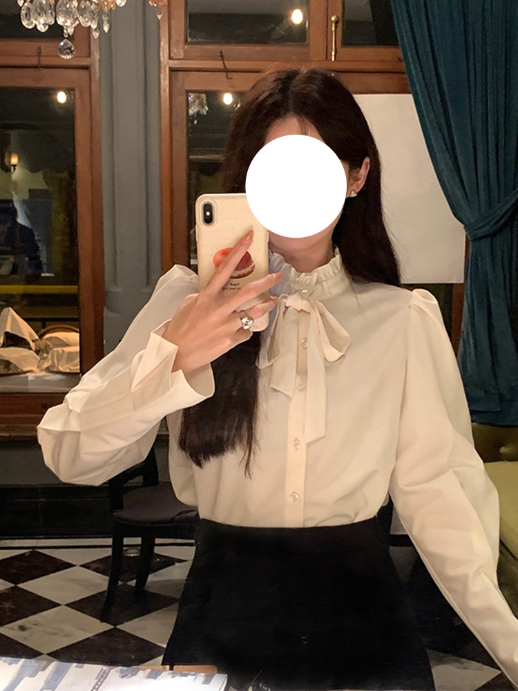 French Vintage Long Sleeve Bow Tie Shirt for Women - Stylish Unique Top for Early Spring Fashion