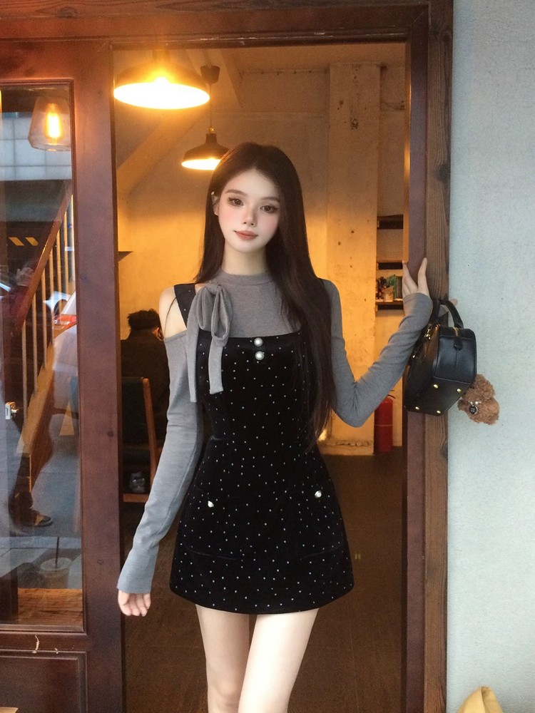 French Vintage Off-Shoulder Velvet Polka Dot Camisole Dress - Women's High-End Spring Short Skirt Set