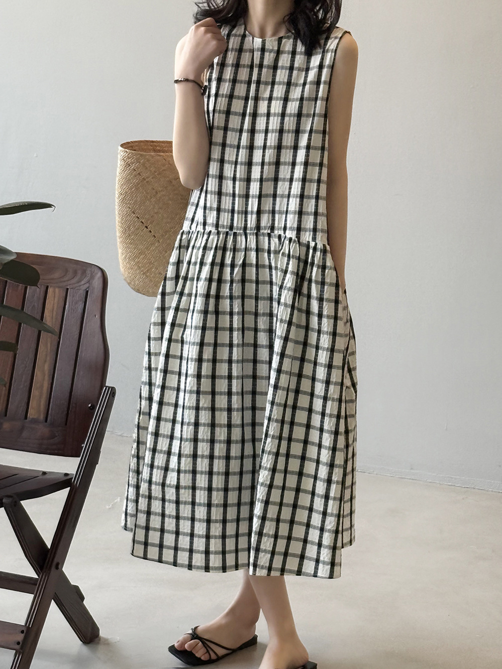 French Vintage Plaid Loose Big Swing Dress for Women, Elegant Long Tank Dress, 2025 Summer Fashion