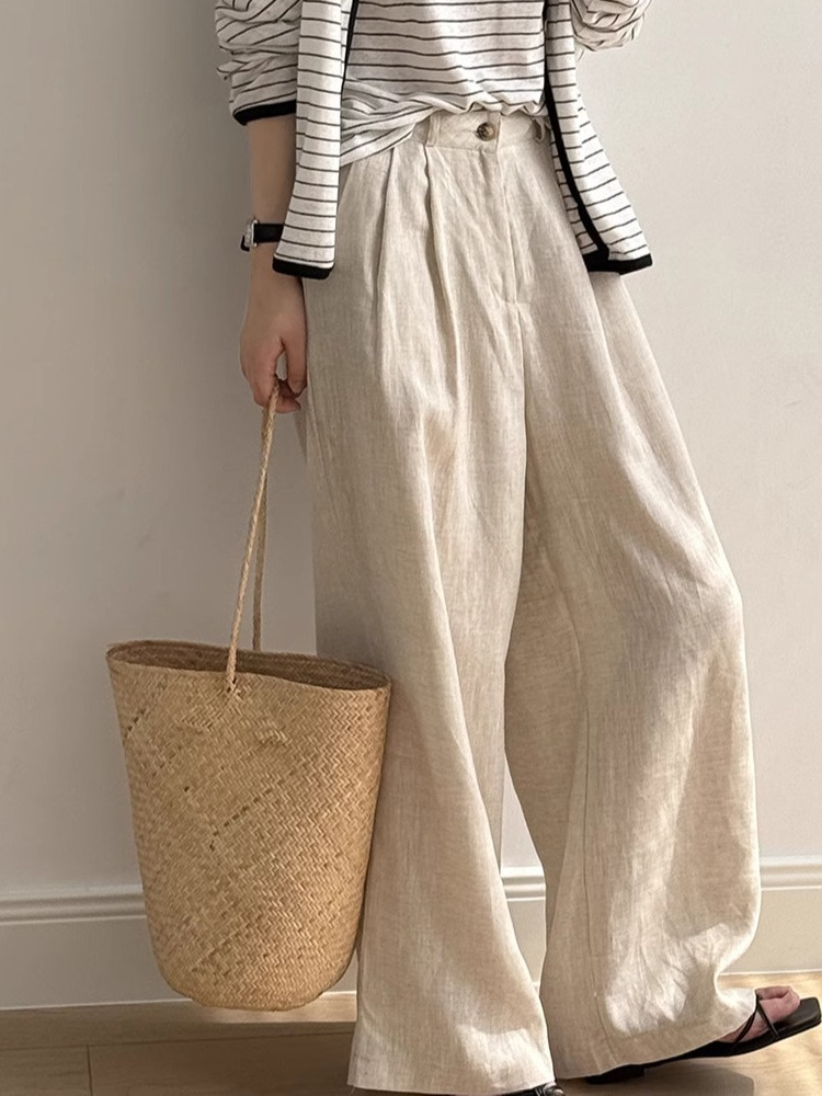 French Vintage Pure Linen Wide-Leg Pants for Women - Loose Casual Floor-Length Trousers for Summer 2025, Boho Chic Style