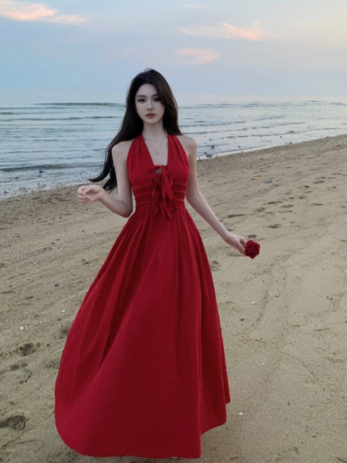 French Vintage Red Backless Halter Dress for Women, Elegant Waist-Cinching Long Dress for Beach Vacation, Slimming Style