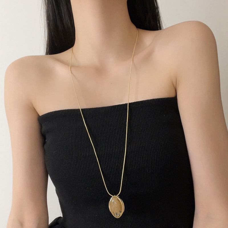 French Vintage Transparent Oval Crystal Long Necklace for Women - Adjustable Sweater Chain for 2025 Style, Perfect for Skirts