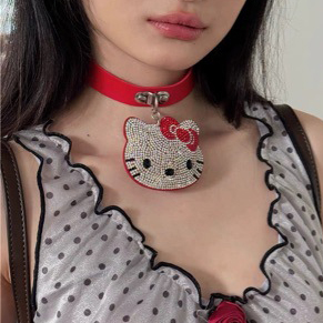 Full Diamond Cartoon KT Cat Choker Necklace - Y2K Millennial Style Collar Neck Chain Accessory for Subculture Baddies