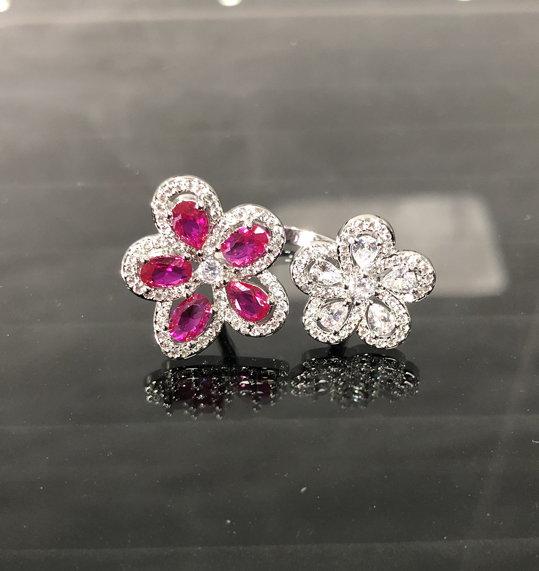 Glamorous Ruby Floral Open Ring for Women, High-End Luxury Feel with Sparkling Zircon and Diamonds, Exaggerated Design