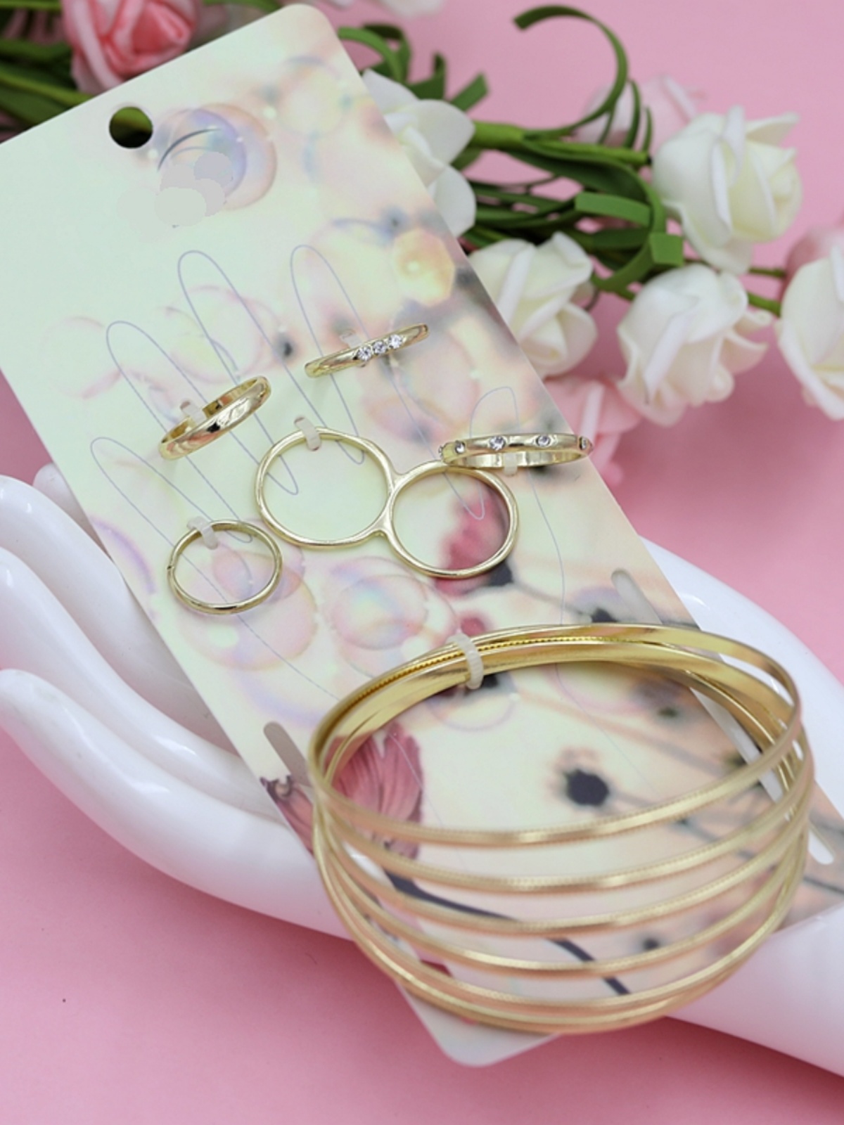 Gold Metal Bracelet Set with Sparkling Gemstone Rings & Rhinestone Bangles - 11-Piece Jewelry Collection for Stylish Layering