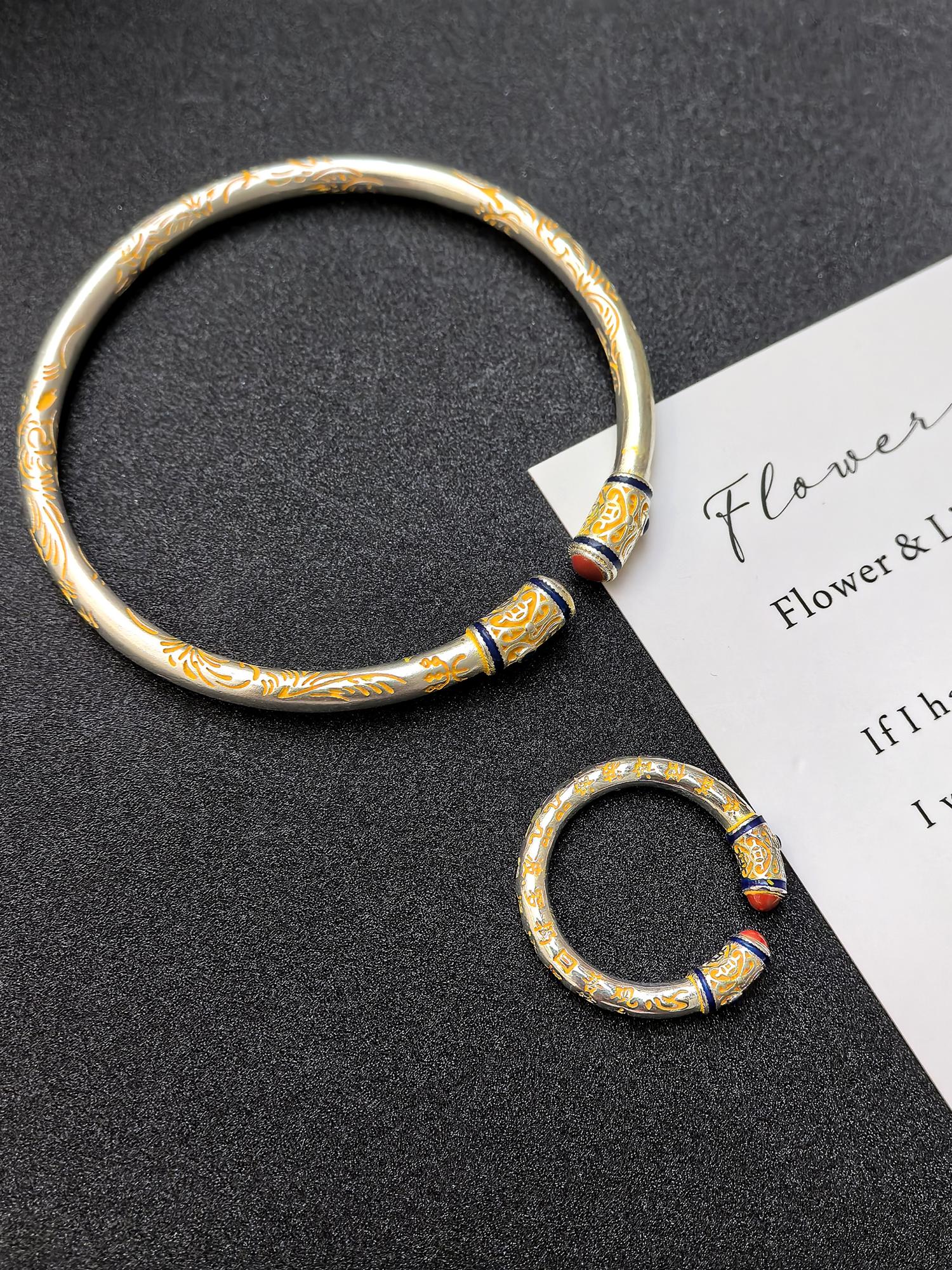 Gold-Plated Nezha Bracelet for Women, Open Design Ruyi Palace Style, Ethnic Bangle in Silver Color for Peace and Joy