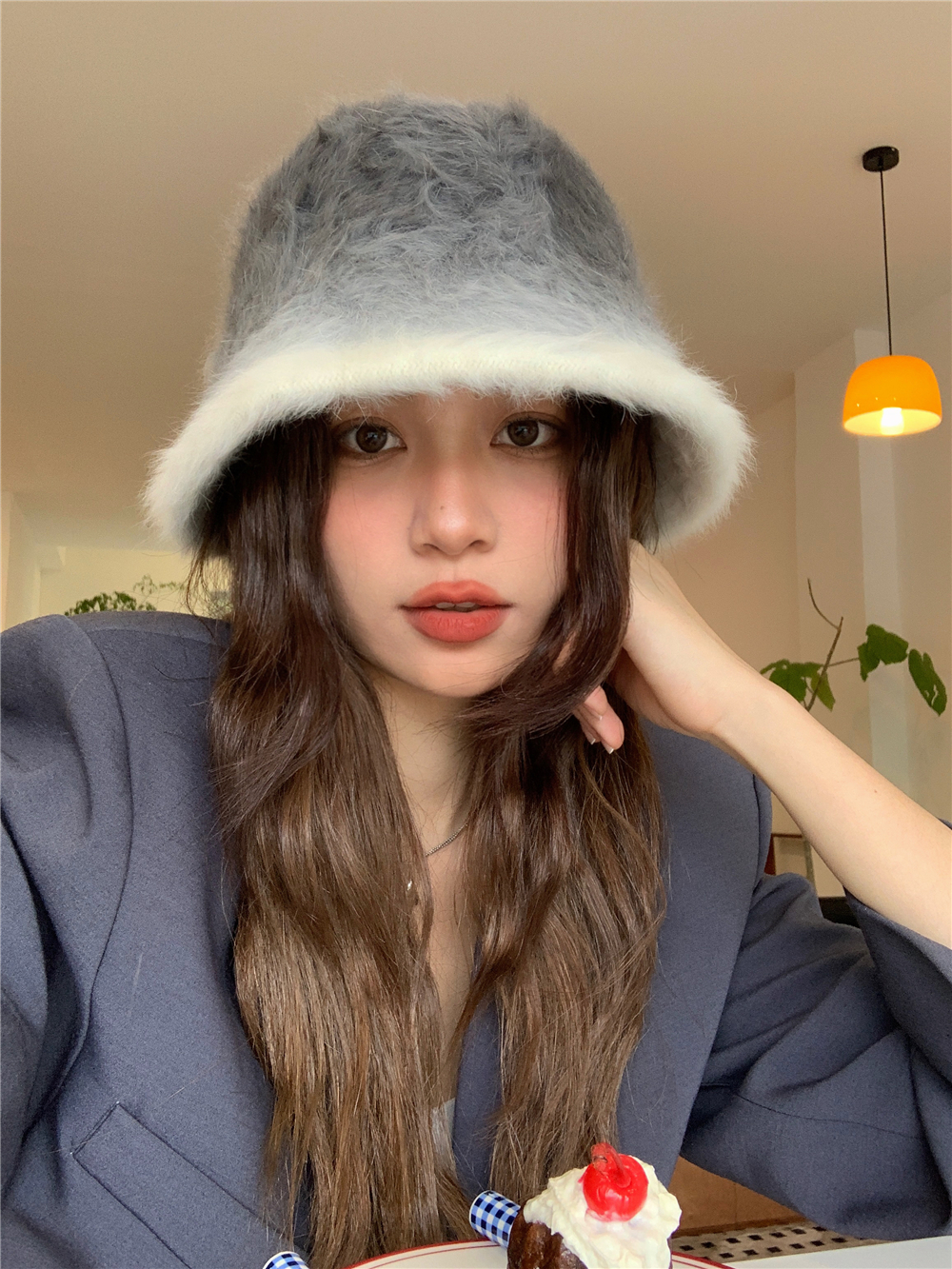 Gradient Color Rabbit Fur Bucket Hat for Women - Warm Versatile Fisherman Cap for Autumn and Winter, Trendy Ins-Style Fashion