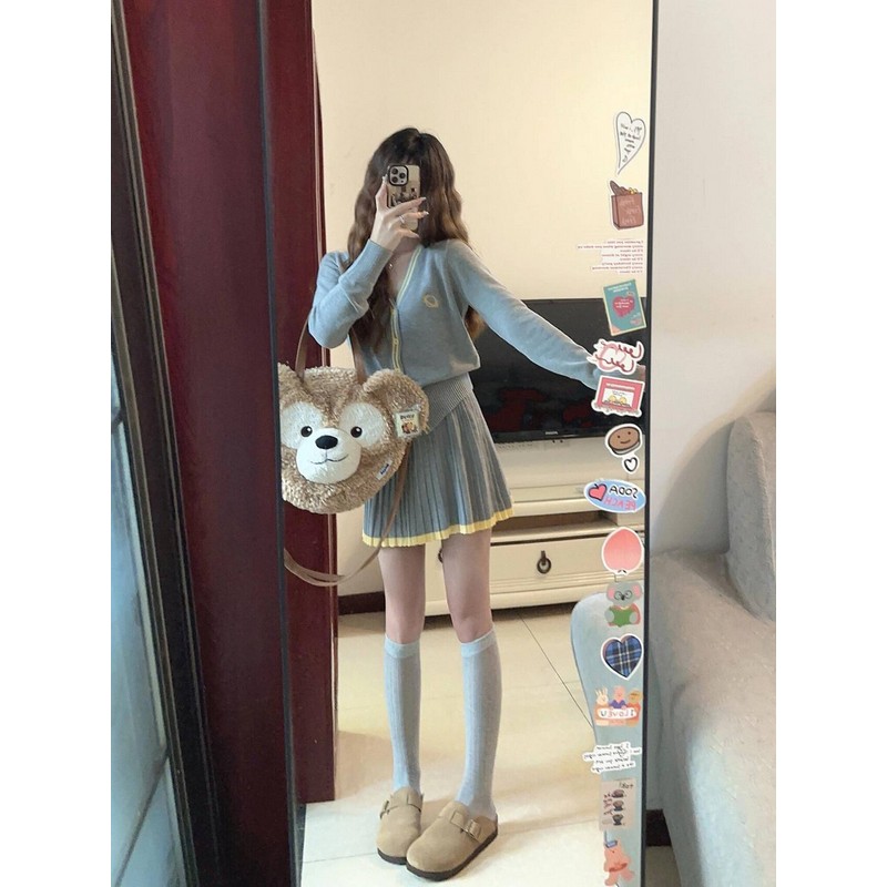 Gray V-Neck Knitted Cardigan and Pleated Skirt Set for Women â€“ Chic Long Sleeve Dress for Autumn and Winter Fashion