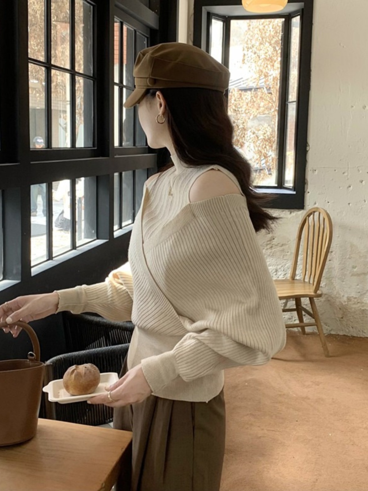 Half High-Neck Off-Shoulder Cross Long Sleeve Knitted Top - Stylish Irregular Slim-Fit for Autumn & Winter Fashion