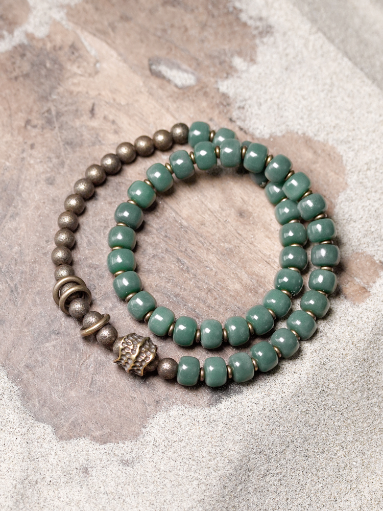 Handmade Antique Bronze Green Shadow Bodhi Root Double-Layer Bracelet for Men & Women - Retro Unisex Jewelry