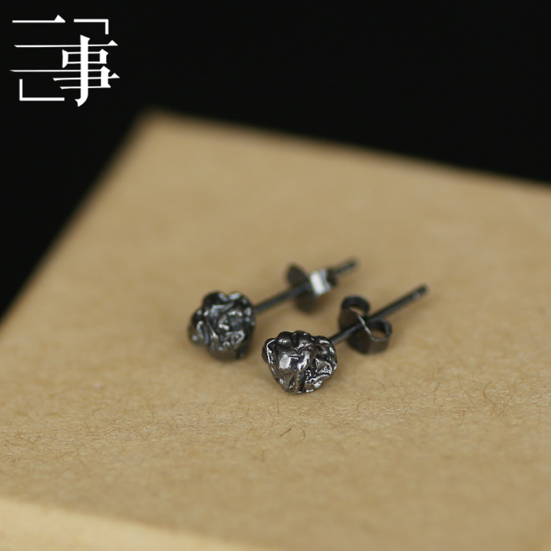 Handmade Black Plated Irregular Coal Shape Stud Earrings - 925 Sterling Silver Candy Wrapper Design for Autumn Fashion