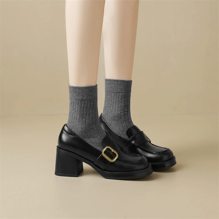 Handmade Chunky Heel Loafers in Soft Cowhide with Square Buckle â€“ High-End Versatile Fashion Shoes for 25SS Season