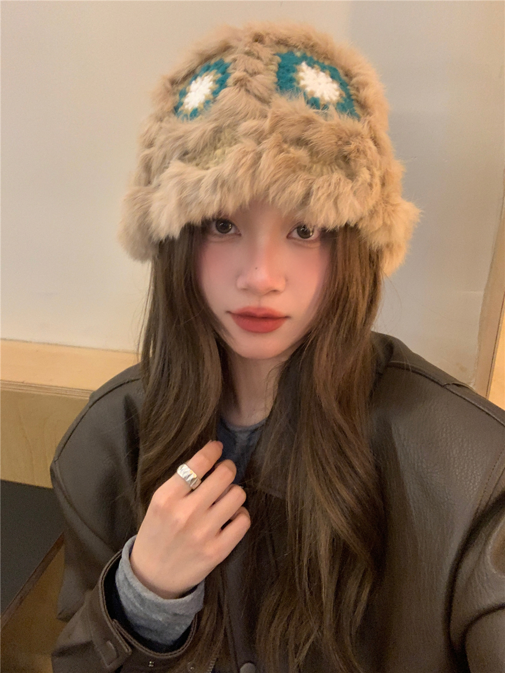 Handmade Crochet Rabbit Fur Yarn Hat for Women, Cute Plush Winter Warmth, Small Face Lion Design, Trendy Winter Fashion Accessory
