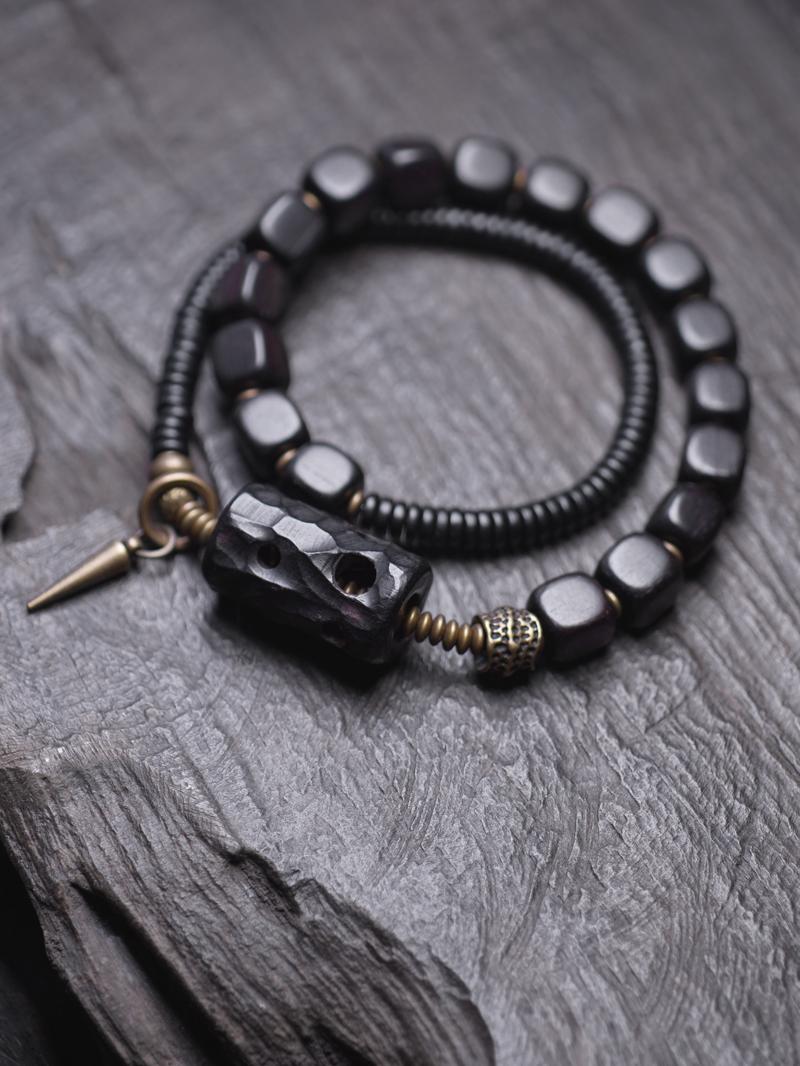 Handmade Ethnic Style Black Sandalwood Bracelet for Men - Versatile Hollow Square Wristband Accessories for Unique Personality