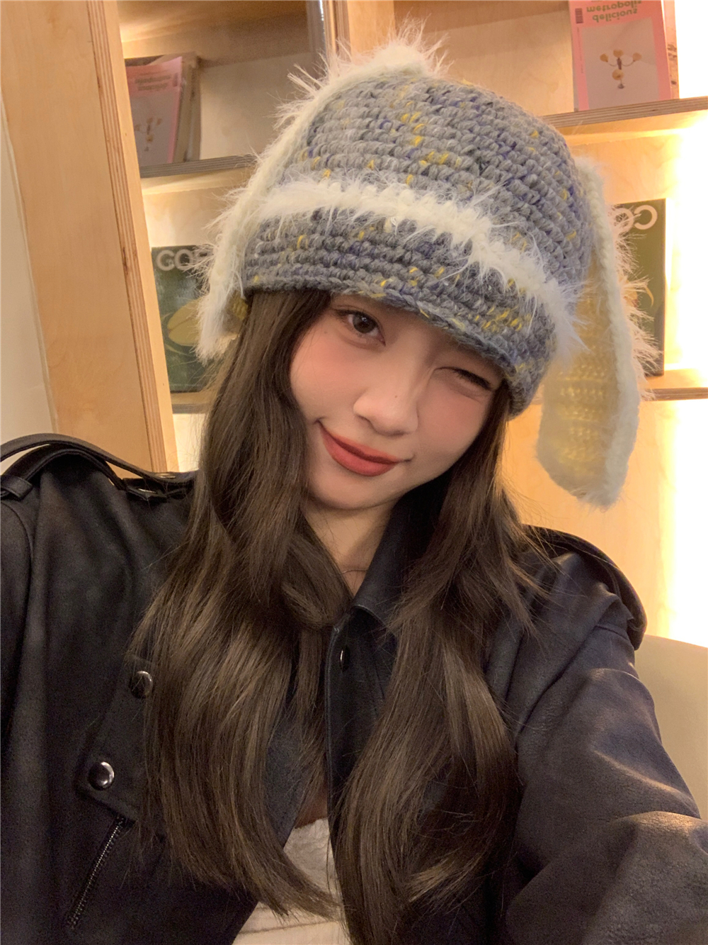 Handmade Knitted Long-Eared Rabbit Plush Hat for Women - Cute Yarn Bucket Hat for Autumn Winter Ear Protection