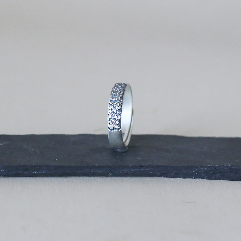 Handmade Pure Silver 999 Adjustable Open Ring with Carved Peony Flower - Vintage Chinese Style Floral Jewelry