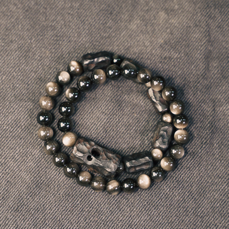 Handmade Silver Obsidian Design Bracelet for Men & Women - Vintage Style Versatile Sandalwood Couple Accessories