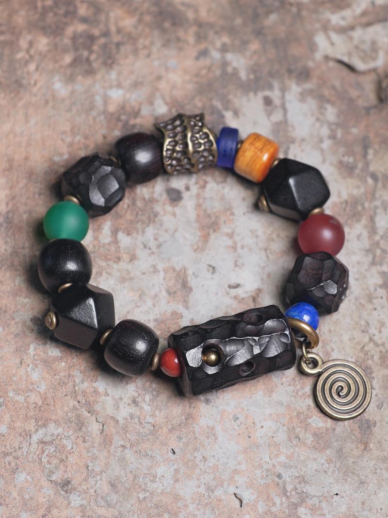 Handmade Textured Ebony Wood Bracelet for Men and Women, Vintage Ethnic Style Beaded Wrist Accessory, Unique Fashion Jewelry