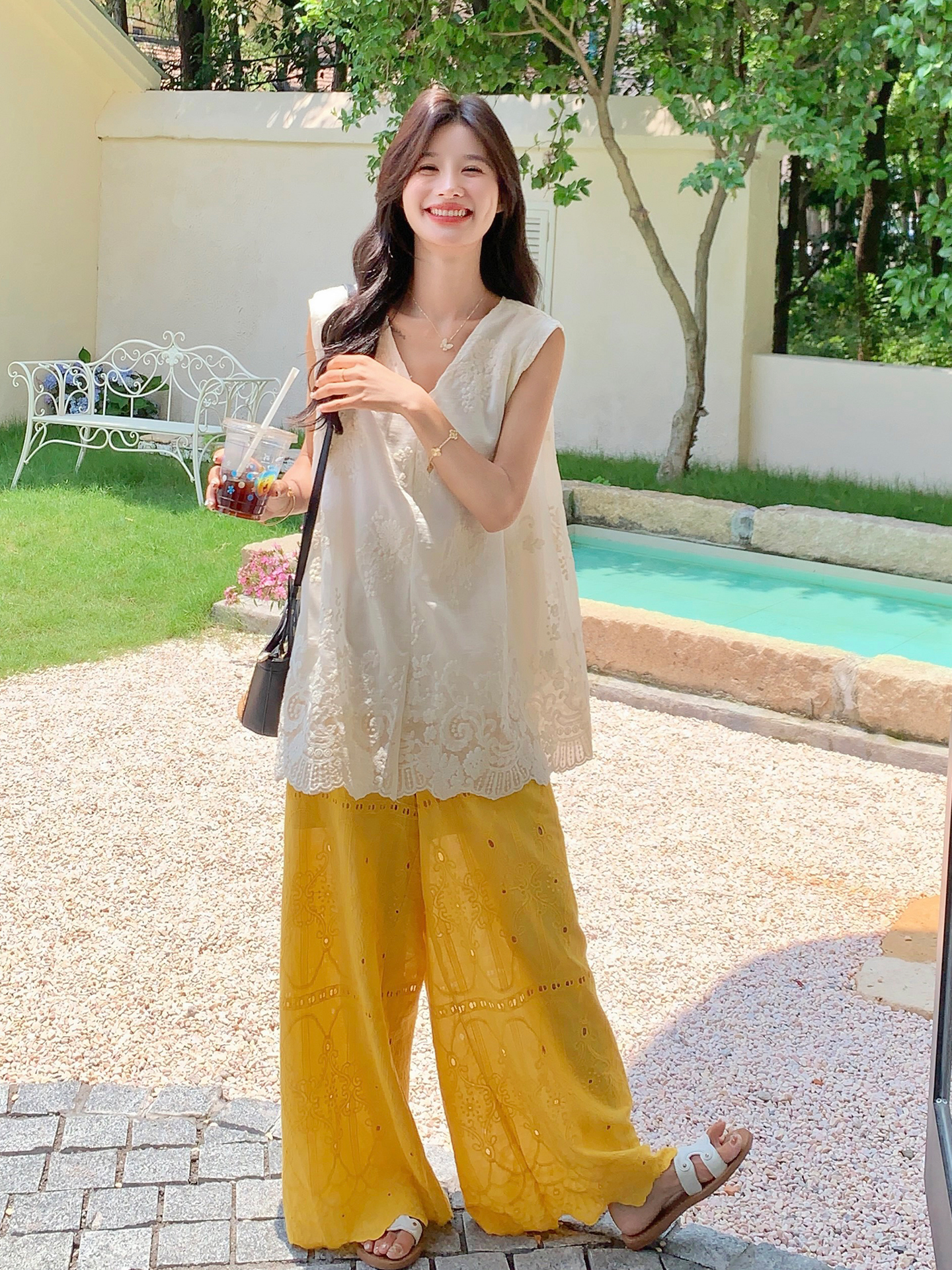 Heavy Industry Embroidery Sleeveless V-Neck Vest & Wide-Leg Pants Two-Piece Set for Women - 2025 Summer Trendy Fashion