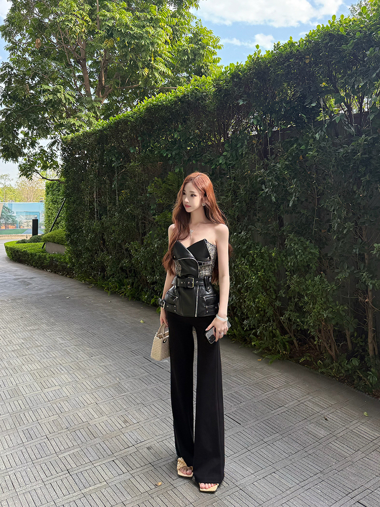 High-End Black Obsidian Sleeveless Bustier Top Jacket for Women - Waist-Cinching Heavy Industry Splicing Fashion Statement